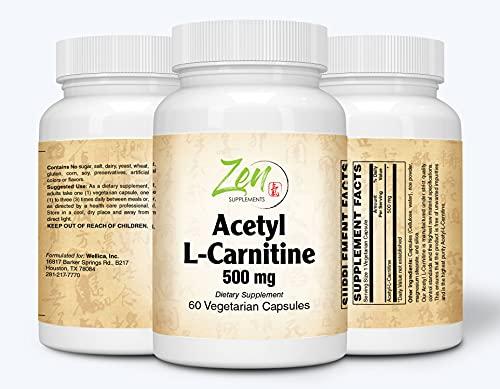Zen Supplements - Acetyl L-Carnitine 500 Mg 60-Vegcaps - Supplement for Brain Function Support, Memory, Attention & Stamina - Supports Antioxidant Protection for The Brain