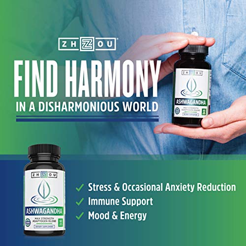 Zhou Ashwagandha | Natural Adaptogenic Supplement with Rhodiola | for Stress and Occasional Anxiety Relief | 30 Servings, 60 CT