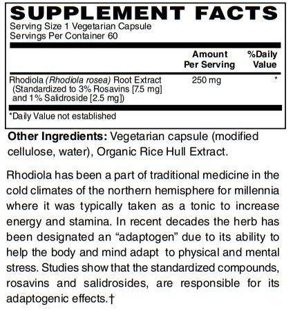 Vegan Rhodiola Rosea 250mg - Best Rhodiola Rosea Root Extract - Rich in Rosavins & Salidroside for Energy, Focus & Stress Support - Non-GMO & Gluten Free 60-Caps