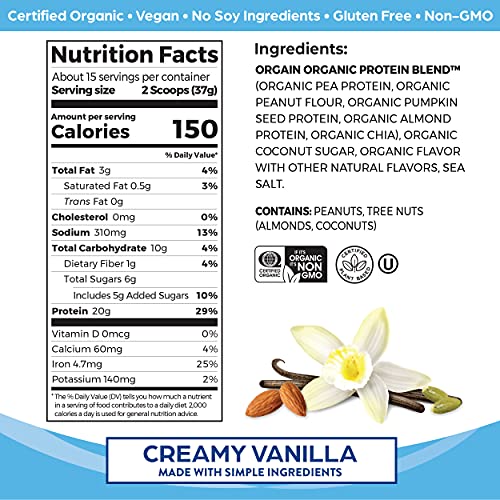Orgain Simple Organic Plant Protein Powder, Vanilla, Vegan, Made with Fewer Ingredients and Without Dairy, Gluten and Stevia, Kosher, Non-GMO, 1.25 Lb (Packaging May Vary)