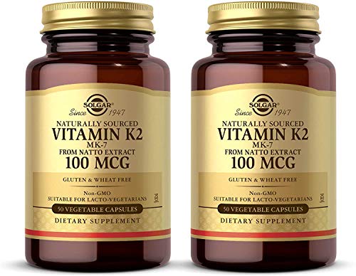 Solgar Natural Vitamin K2 (MK-7) 100 mcg, 50 Vegetable Capsules - Pack of 2 - Supports Bone Health - Natural Whole Food Source from Natto Extract - Non-GMO, Gluten Free - 100 Total Servings