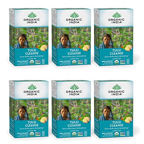 Organic India Tulsi Cleanse Herbal Tea - Stress Relieving & Detoxifying, Immune Support, Adaptogen, Vegan, Gluten-Free, USDA Certified Organic, Non-GMO, Caffeine-Free - 18 Infusion Bags, 6 Pack
