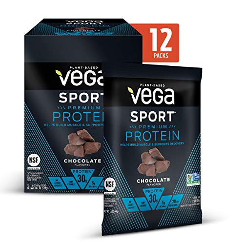 Vega Sport Premium Protein Powder, Chocolate, Plant Based Protein Powder for Post Workout - Certified Vegan, Vegetarian, Keto-Friendly, Gluten Free, Dairy Free, BCAA Amino Acid (Single Serve 12 Count)