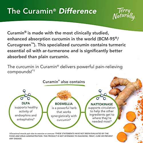 Terry Naturally Curamin - 120 Vegan Capsules - Non-Addictive Pain Relief Supplement with Curcumin from Turmeric, Boswellia & DLPA - Non-GMO, Gluten-Free - 40 Servings