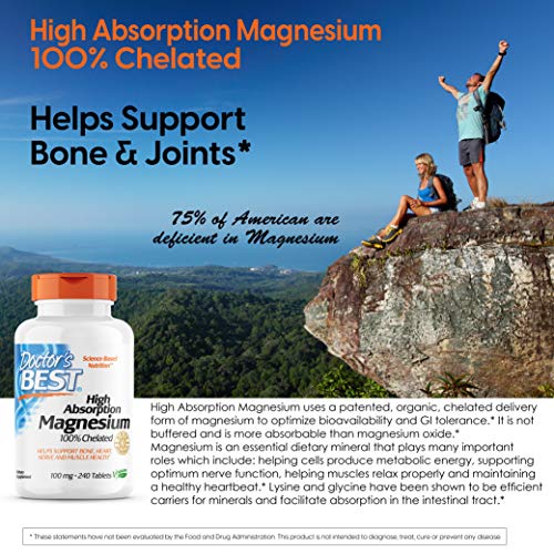 Doctor's Best High Absorption Magnesium Glycinate Lysinate, 100% Chelated, Non-GMO, Vegan, Gluten Free, Soy Free, 100 mg, 240 Tablets