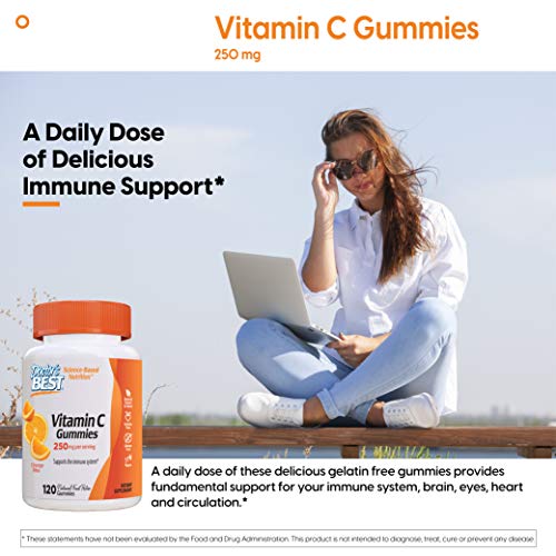 Doctor's Best, Vitamin C Gummies 250mg per Serving Great Tasting Immune Brain Eyes Heart Circulation Antioxidant Support Natural Pectin Vegan Gluten Free CT, Fruit, 120 Count