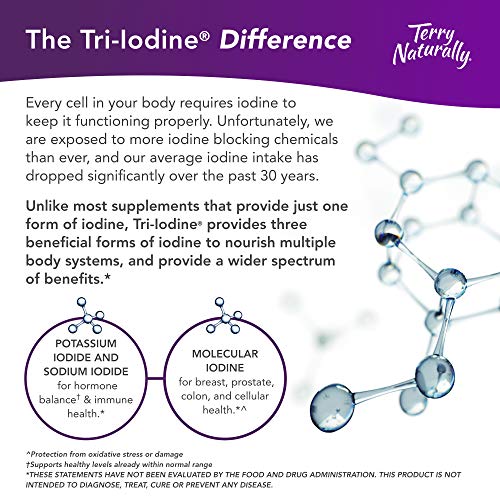 Terry Naturally Tri-Iodine 3 mg - 3000 mcg Iodine, 90 Vegan Capsules - Supports Hormone Balance, Promotes Breast & Prostate Health - Non-GMO, Gluten-Free, Kosher - 90 Servings