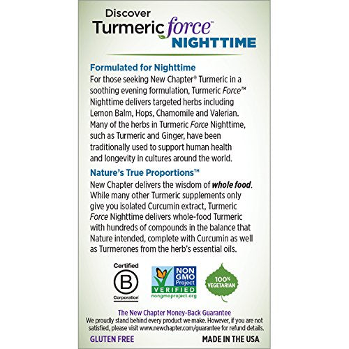 New Chapter Turmeric Supplement + Sleep Aid - Turmeric Force Nighttime for Sleep Support with Valerian Root + Ginger + NO Black Pepper Needed + Non-GMO Ingredients - 60 Vegetarian Capsule