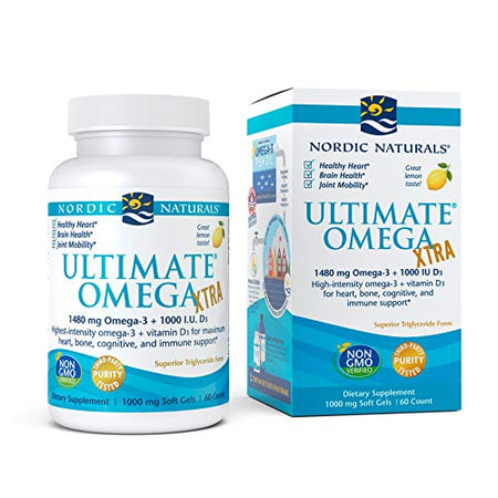 Nordic Naturals Ultimate Omega Xtra, Lemon Flavor - 1480 mg Omega-3 + 1000 IU Vitamin D3-60 Soft Gels - Omega-3 Fish Oil - EPA & DHA - Brain, Heart, Joint, & Immune Health - 30 Servings