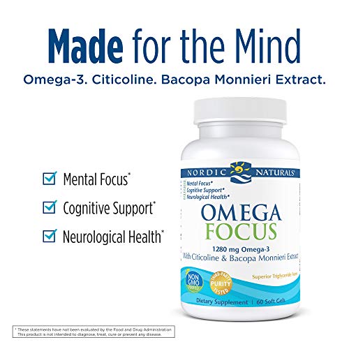 Nordic Naturals Omega Focus, Lemon - 60 Soft Gels - 1280 mg Omega-3 + Citicoline & Bacopa Monnieri Extract - Focus, Attention, Memory, Brain Health - Non-GMO - 30 Servings