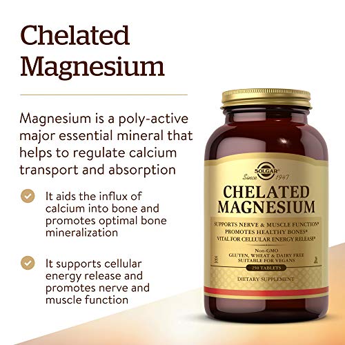 Solgar Chelated Magnesium, 250 Tablets - Supports Nerve & Muscle Function - Promotes Healthy Bones - Vital for Cellular Energy Release - Non-GMO, Vegan, Gluten Free, Dairy Free - 62 Servings
