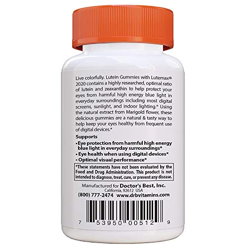 Doctor’s Best Lutein Gummies with Lutemax 2020, 60 Ct, Chewable Natural Eye Support Supplement, Marigold Lutein, Zeaxanthin, Eye Health & Macular Support, Non-GMO, Natural Fruit Pectin, Vegan