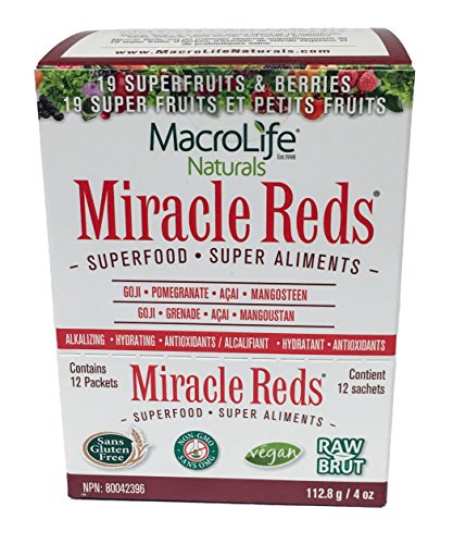 MacroLife Naturals Miracle Reds Superfood Powder - 19 Antioxidant-Rich Fruits & Berries, Polyphenols, Enzymes, Probiotics - 12 Packet Servings
