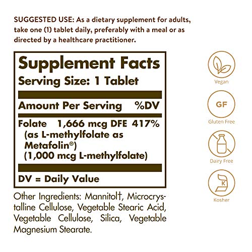 Solgar Folate 1000 mcg, 120 Tablets - 1000 mcg Bio-active Metafolin - Heart Health - Vegan, Gluten Free, Dairy Free, Kosher - 120 Servings