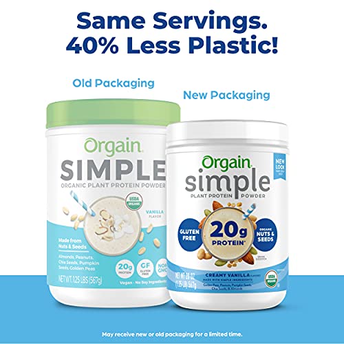 Orgain Simple Organic Plant Protein Powder, Vanilla, Vegan, Made with Fewer Ingredients and Without Dairy, Gluten and Stevia, Kosher, Non-GMO, 1.25 Lb (Packaging May Vary)