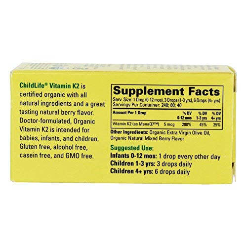 Child Life New! Organic Vitamin K2 Liquid Natural Berry Glass Bottle, 0.95 Pound