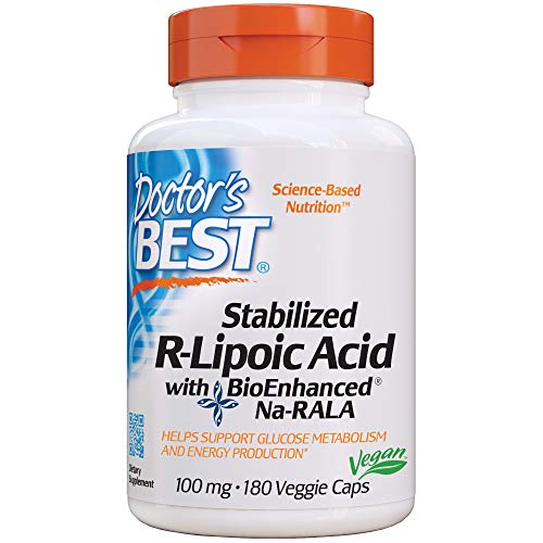 Doctor’s Best Stabilized R-Lipoic Acid with BioEnhanced Na-RALA, Non-GMO, Gluten Free, Vegan, Helps Maintain Blood Sugar Levels, 100 mg 180 Veggie Caps