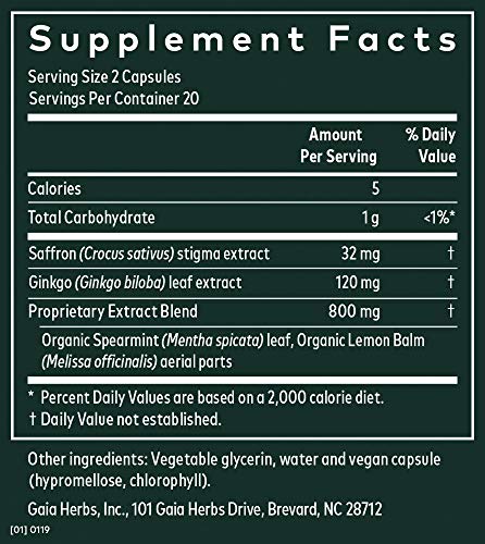 Gaia Herbs, Nootropic Focus, Brain & Cognitive Support, Saffron, Lemon Balm, Spearmint, Vegan Liquid Capsules, 40Count