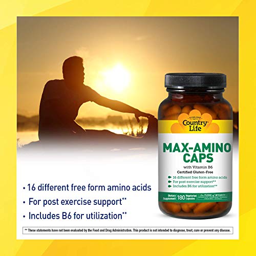 Country Life Max-Amino Caps - 180 Vegetarian Capsules - 16 Different Free Form Amino acids - Post Exercise Support