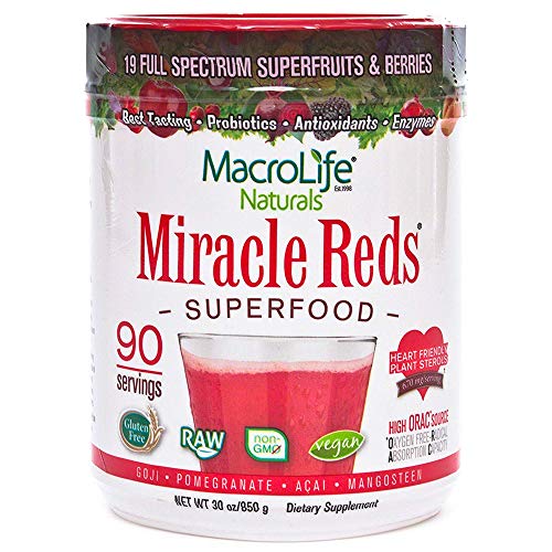 MacroLife Naturals Miracle Reds Superfood Powder - 19 Antioxidant-Rich Fruits & Berries, Polyphenols, Enzymes, Probiotics - Raw, Non-GMO, Organic, Vegan, Gluten-Free, Dairy-Free - 30oz (90 Servings)