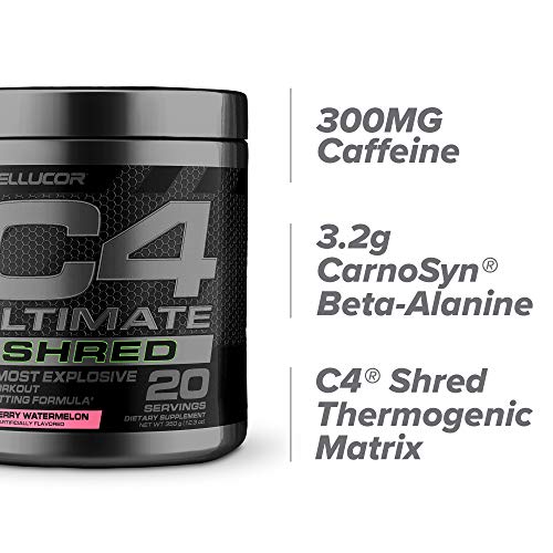 Cellucor C4 Ultimate Shred Pre Workout Powder, Fat Burner for Men & Women, Weight Loss Supplement with Ginger Root Extract, Strawberry Watermelon, 20 Servings