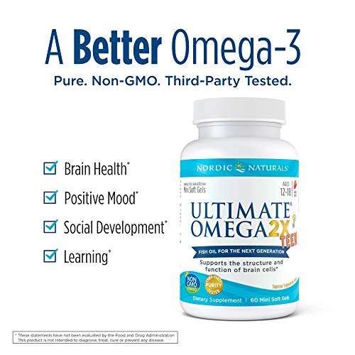Nordic Naturals Ultimate Omega 2X Teen, Strawberry - 60 Mini Soft Gels - 1120 mg Total Omega-3s with EPA & DHA - Brain Health, Positive Mood, Social Development, Learning - Non-GMO - 30 Servings