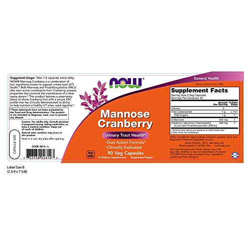 NOW Supplements, Mannose Cranberry, Dual Action Formula*, Clinically Evaluated, Urinary Tract Health*, 90 Veg Capsules