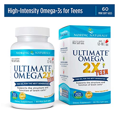 Nordic Naturals Ultimate Omega 2X Teen, Strawberry - 60 Mini Soft Gels - 1120 mg Total Omega-3s with EPA & DHA - Brain Health, Positive Mood, Social Development, Learning - Non-GMO - 30 Servings