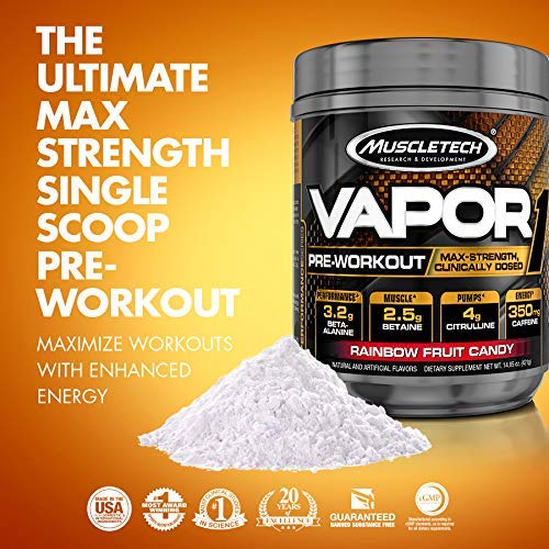 Pre Workout Powder | MuscleTech Vapor One Pre-Workout | Preworkout Powder for Men & Women + Muscle Builder | Creatine Monohydrate + Beta Alanine + Betaine HCL | Rainbow Fruit Candy (20 Servings)