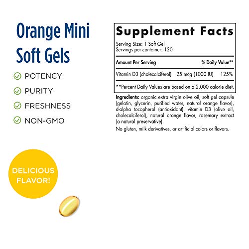 Nordic Naturals Vitamin D3 1000, Orange - 1000 IU Vitamin D3 - 120 Mini Soft Gels - Supports Healthy Bones, Mood & Immune System Function - Non-GMO - 120 Servings