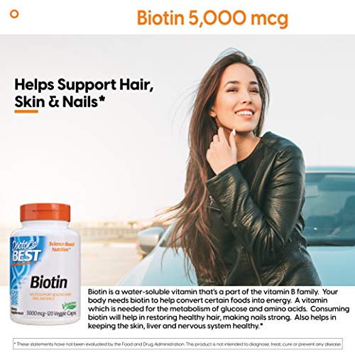 Doctor's Best Biotin Supports Hair, Skin, Nails, Boost Energy, Nervous System, Non-GMO, Vegan, Gluten Free, 120 Count