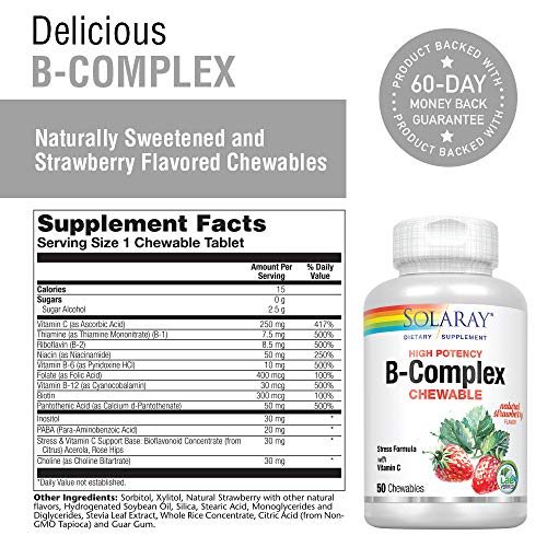Solaray Vitamin B-Complex 250mg Chewable | Natural Strawberry Flavor | Healthy Hair, Skin, Immune Function & Metabolism Support | Lab Verified | 50 CT