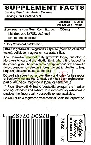 Boswellia Extract 400mg- Boswellia Serrata Standardized to 70% Boswellic Acid Best Supplement for Inflammation, Joint Back Support, Immune Support, Knee Pain Supplement, Bone Health Support 60 VegCap