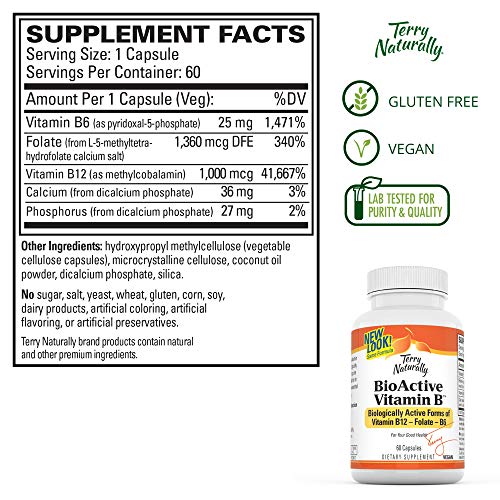 Terry Naturally BioActive Vitamin B - 60 Vegan Capsules - Vitamins B-12, B-6 & Folate, Supports Brain & Nervous System Function, Promotes Heart Health - Non-GMO, Gluten-Free - 60 Servings