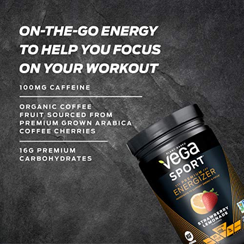 Vega Sport Premium Energizer, Strawberry Lemonade Pre-Workout Energy Drink - Certified Vegan, Vegetarian, Gluten Free, Dairy Free, Soy Free, Non GMO, Natural Pre Workout Powder (25 Servings, 16.1 Oz)