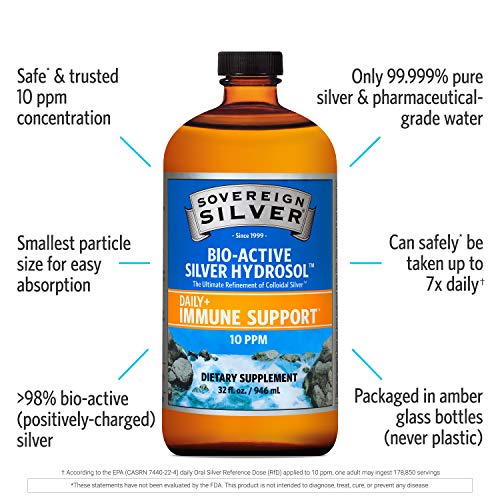Sovereign Silver Bio-Active Silver Hydrosol for Immune Support - Colloidal Silver -10 ppm, 32oz (946mL) - Economy Size