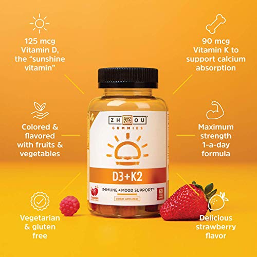 Zhou Vitamin K2 (MK7) with D3 Gummies | Bone and Heart Health Formula | Immune Support | 60 Veggie Gummies