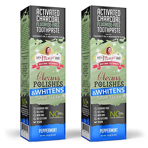 My Magic Mud Charcoal Teeth Whitening Toothpaste, Verified Enamel Safe & Clinically Proven, Organic Coconut Oil, Essential Oils, Best Natural Whitener, Fluoride-Free, Vegan, Peppermint 2-Pack (4oz)