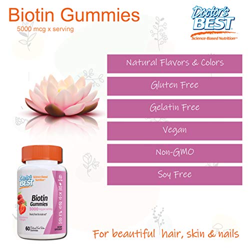 Doctor's Best High Potency Biotin Gummies, 5000 mcgper Serving, 60 Ct, Chewable Beauty Supplement for Healthy Hair, Skin & Nails, Non-GMO, Natural Fruit Pectin, Vegan