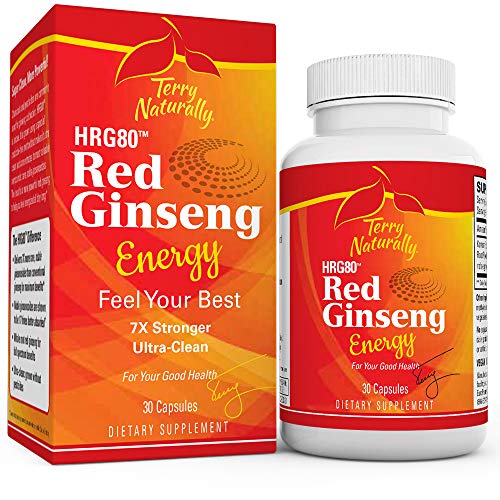 Terry Naturally HRG80 Red Ginseng Energy – 30 Capsules – Energy Support Supplement – Korean Red Ginseng Root Powder, Panax Ginseng, HRG80, Non-GMO, Vegan, Gluten Free – 30 Servings