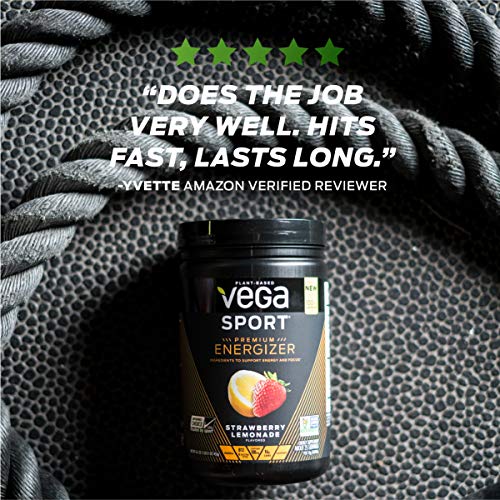 Vega Sport Premium Energizer, Strawberry Lemonade Pre-Workout Energy Drink - Certified Vegan, Vegetarian, Gluten Free, Dairy Free, Soy Free, Non GMO, Natural Pre Workout Powder (25 Servings, 16.1 Oz)