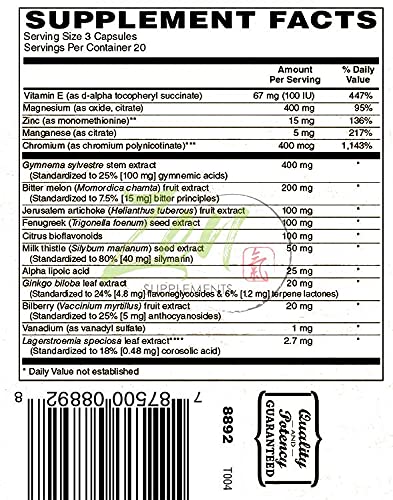 Zen Supplements - Glucose Support with ChromeMate®, GlucoHelp®, Vanadyl, & Herbs: Ginkgo Biloba, Bilberry, Gymnema, Milk Thistle, Artichoke & Fenugreek 60-Caps