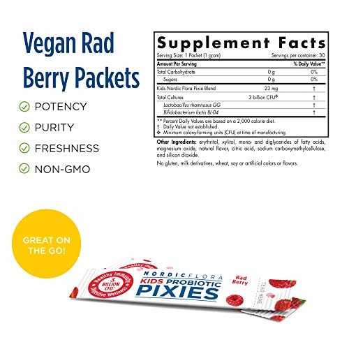 Nordic Naturals Kids Nordic Flora Probiotic Pixies, Rad Berry - 30 Packets - 3 Billion CFU - Digestive Wellness, Immune Support - Non-GMO, Vegan - 30 Servings