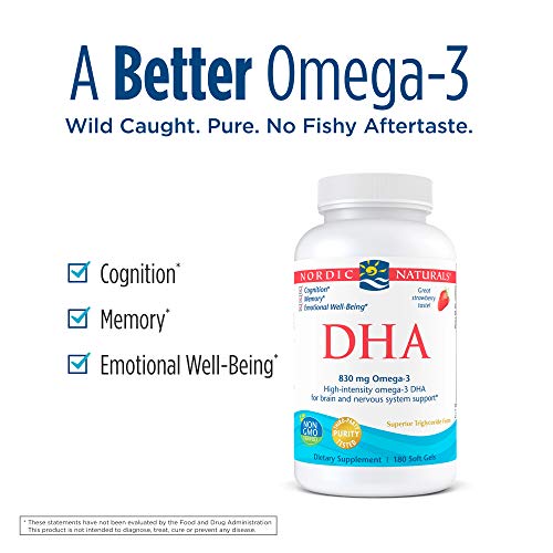 Nordic Naturals DHA, Strawberry - 180 Soft Gels - 830 mg Omega-3 - High-Intensity DHA Formula for Brain & Nervous System Support - Non-GMO - 90 Servings