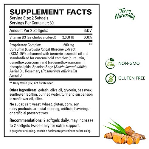 Terry Naturally Curamed Brain - 60 Softgels - BCM-95 Curcumin & Vitamin D3 Supplement, Supports Brain Health, Mental Clarity & Focus - Non-GMO, Gluten-Free - 30 Servings