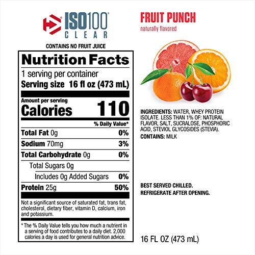 Dymatize ISO100 Clear 100% Whey Protein Isolate, Whey Protein Drink, 25g Protein, No Sugar & Zero Carbs, Keto Friendly, Ready to Drink & Fast Absorbing, Fruit Punch, 16 Fl Oz (Pack of 12), 192 Fl Oz
