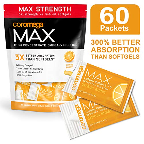 Coromega MAX High Concentrate Omega 3 Fish Oil, 2400mg Omega-3s with 3X Better Absorption Than Softgels, 60 Single Serve Packets, Citrus Burst Flavor; Anti Inflammatory Supplement with Vitamin D