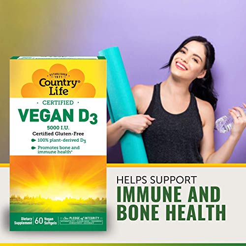 Country Life Vegan D3 5000 IU - 60 Softgels - 100% Plant-derived - Promotes Immune Health & Bones