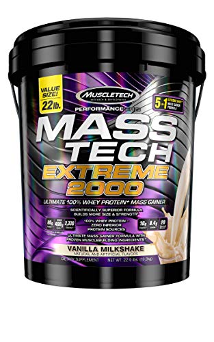 Mass Gainer Protein Powder | MuscleTech Mass-Tech Extreme 2000 | Muscle Builder Whey Protein Powder | Protein + Creatine + Carbs | Max-Protein Weight Gainer for Women & Men | Vanilla, 22 lbs