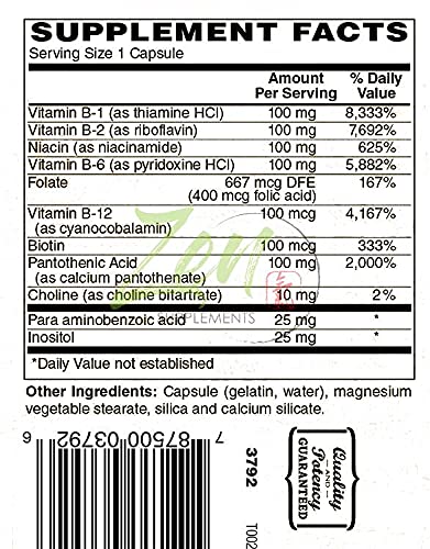 Complete B-Complex Vitamin Supplement - Full-Spectrum B Vitamin Supplement with Folic Acid, Biotin, Inositol - for Immune & Cardio Health, Energy Metabolism - 100 Capsules